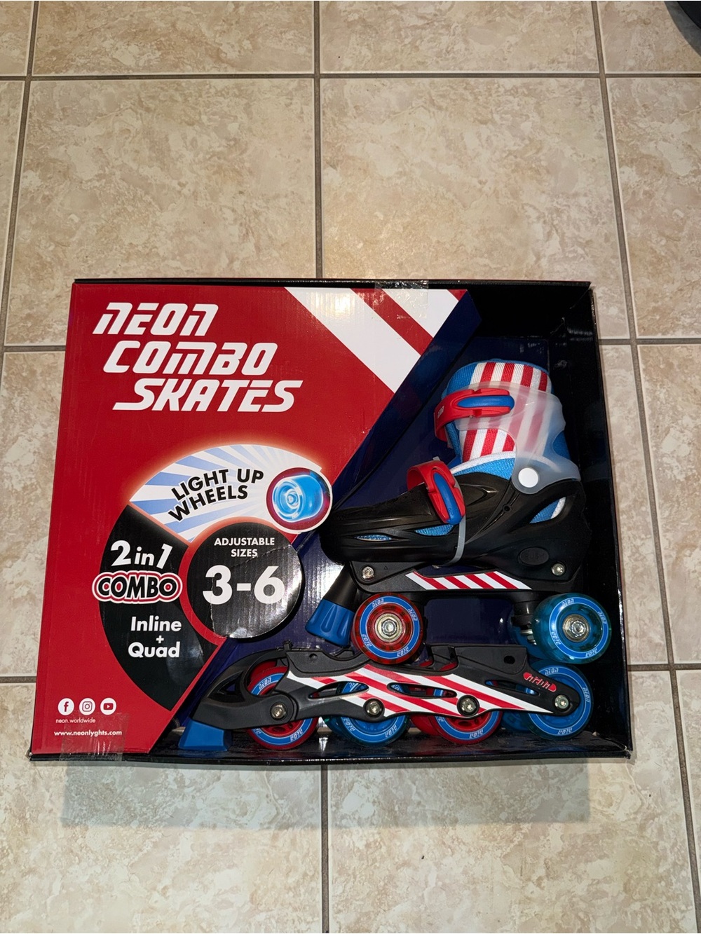 Neon Combo Kids Adjustable Skates - Red, White & Blue